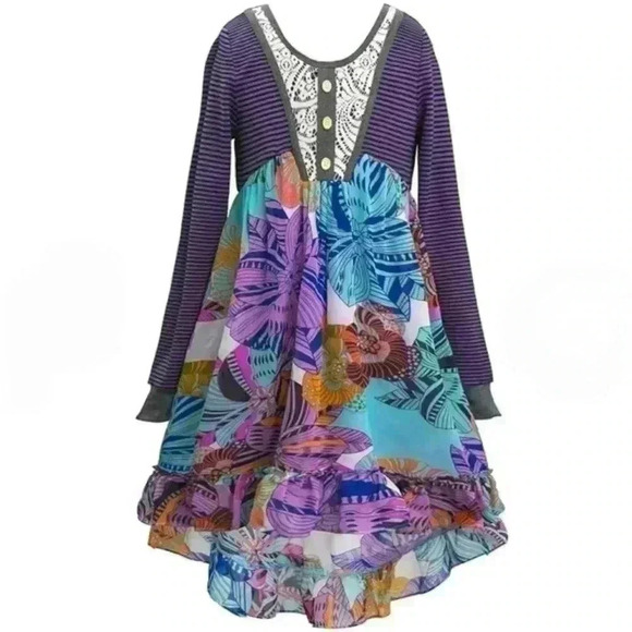 Truly Me Sara Sara Girls Floral Print Long Sleeve Chiffon Hi Low Dress 14 Purple - Picture 2 of 16